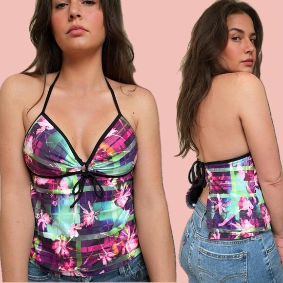 Vintage OP Halter Tankini – palm tree Plaid, Open Back - Picture 1 of 7